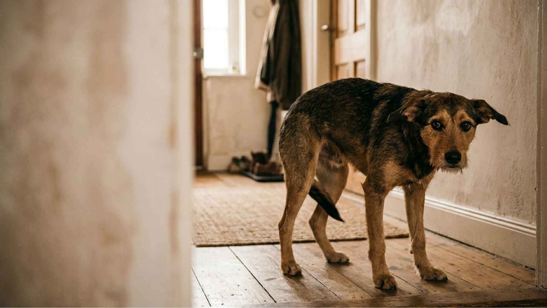 perro con miedo andando por el pasillo de su casa